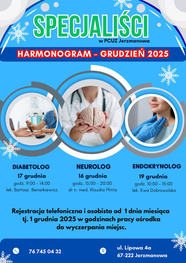 Specjaliści w PCUZ Jerzmanowa. Harmonogram – grudzień 2025