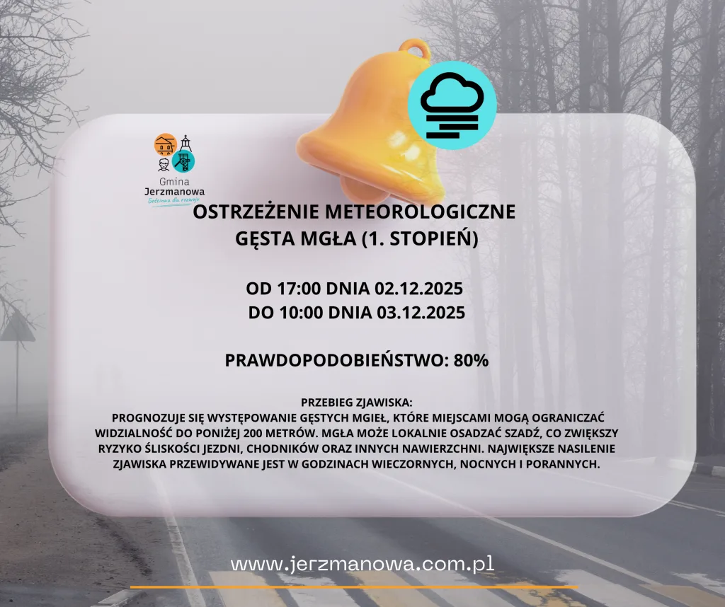 Ostrzeżenie meteorologiczne – gęsta mgła (1. stopień) w od 2 grudnia 2025 r. od godz. 17:00 do 3 grudnia 2025 r. do godz. 10:00